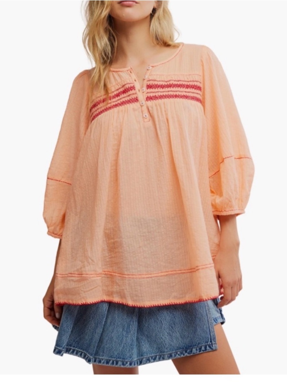 Free People Dylan Smocked Tunic top blouse pink sz XS S boho